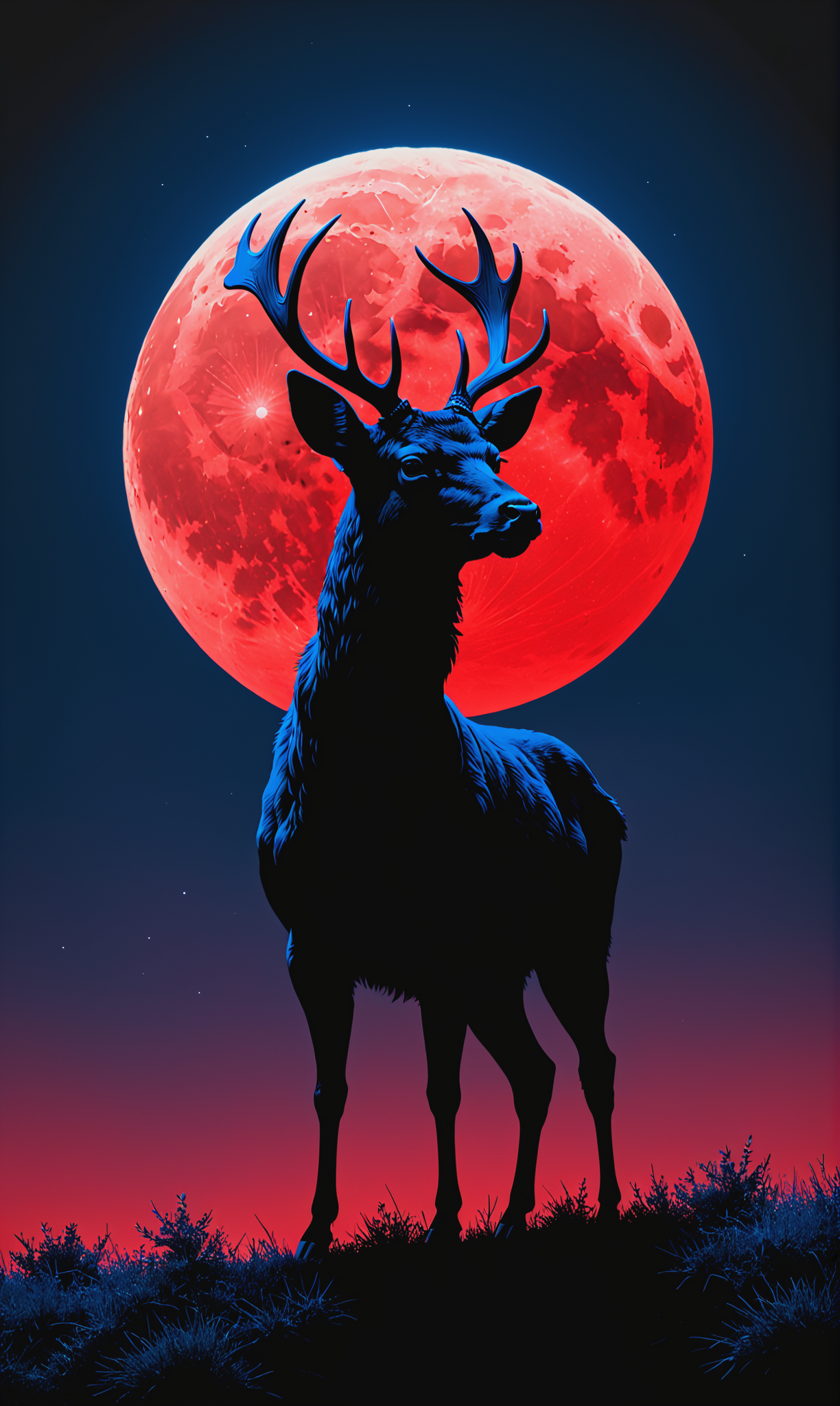 01034-315733790-Black canvas, black over indigo minimalism, duotone red neon, and indigo colour, a deer standing infront of a indigo over black.png